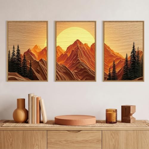 Large Boho Golden Mountain Framed Canvas Wall Art Set-16"x24"x3 - Image 2