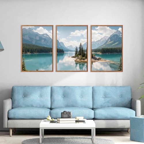 HLNIUC Lake Mountain Landscape Framed Canvas Wall Art, Large Pine Tree Forest - Image 4