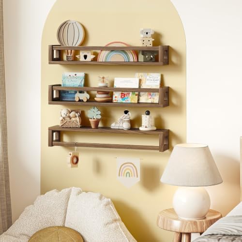 3 Pack 24 Inch Nursery Book Shelves, Solid Wood Floatingshelf, Walnut Brown - Image 6