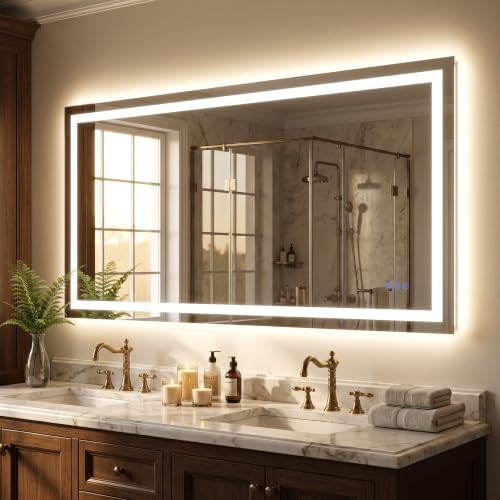 LED Bathroom Mirror 60"x30", Wall-Mounted Vanity Mirrors Front & Backlit by Bimno