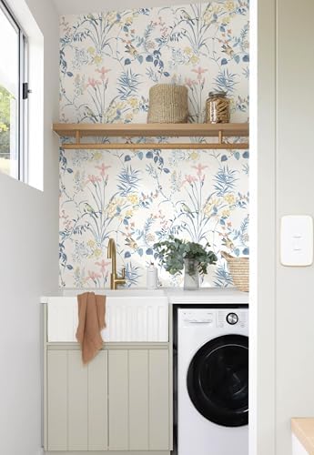 Erfoni Boho Floral Peel and Stick Wallpaper Blue Floral Birds Contact Paper - Image 6