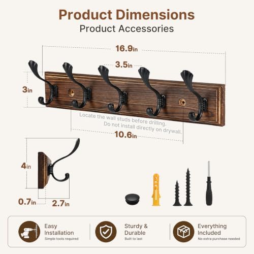 2 Pack Coat Hooks for Wall 16.9 in Wall Mounted Coat Rack - Image 5