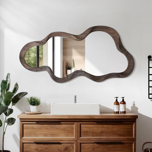 Asymmetrical Mirror, Wall Brown Irregular Wood Frame Wall Decorative Mirror - Image 3