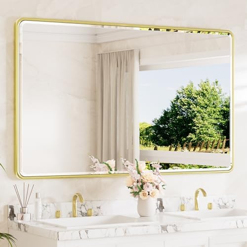 TETOTE Brushed Gold Framed Bathroom Mirror 60 x 36 Large Beveled Edge Tempered by TETOTE