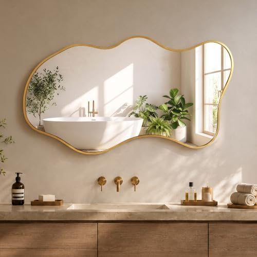 22"x40" Irregular Gold Wall Mirror, Wavy Asymmetrical Mirror by Unknown
