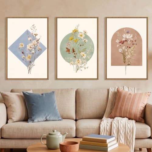 Boho Neutral Wildflower Framed Canvas Wall Art Set-24"x36"x3 by Celestdeco