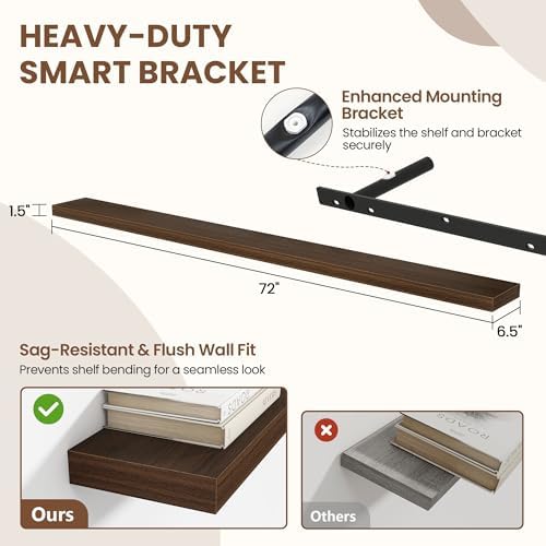 Acovy 72 Inch Floating Shelves for Wall 2 Pack, Wall Mounted Floating Shelf - Image 3