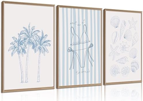 3Pcs Blue Coastal Unframed Canvas Wall Art, Preppy Beach Summer Decor by SetrisWallArt