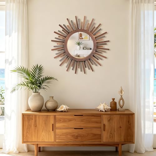 18 Inch Boho Sunburst Mirror, Decorative Rustic Farmhouse Wall Decor - Image 2