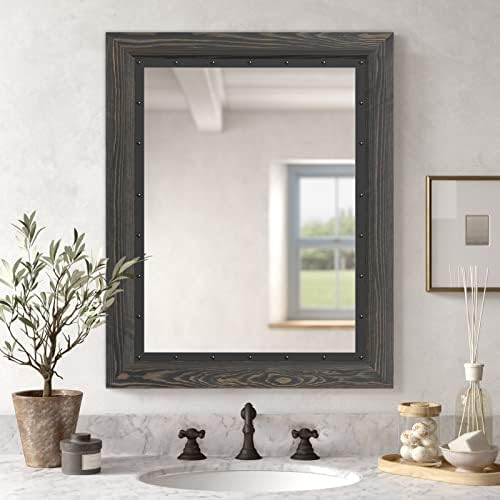 YOSHOOT Rustic Wooden Framed Wall Mirror, Natural Wood and Iron Bathroom Vanity by YOSHOOT