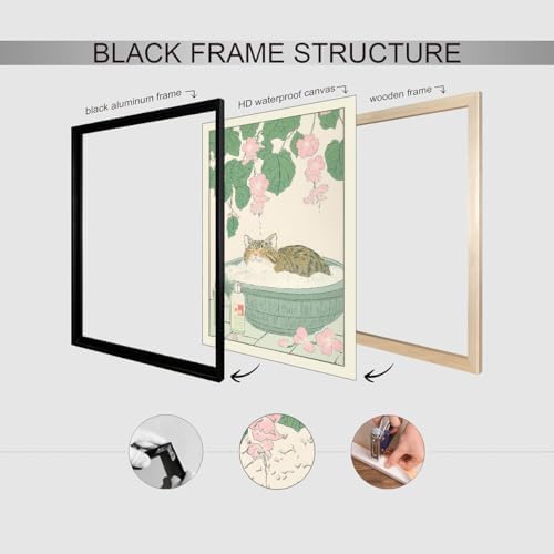 Black Framed Canvas Wall Art Posters Tabby Cat In Bathtub Prints Rustic Neutral - Image 3