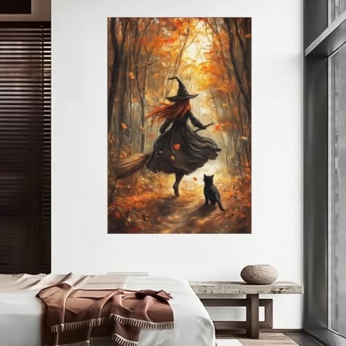 Forest Witch Black Cat Canvas Wall Art, Autumn Halloween Witch Poster Decor - Image 3