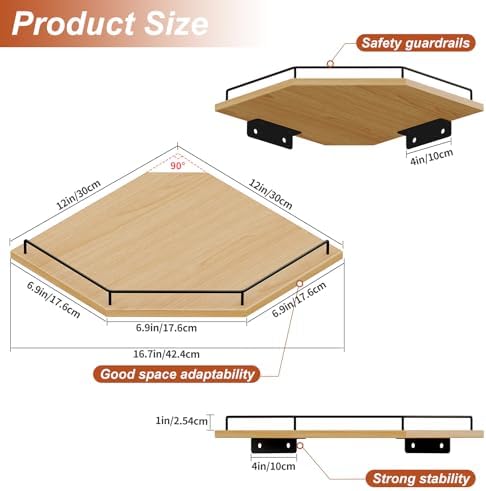 JJL Corner Shelf Wall Mounted, 12 Inches 2-Tier Floating Corner Shelf, Hexagon - Image 2