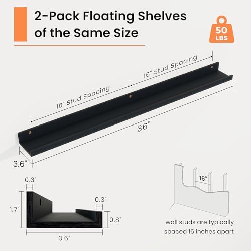 RICHFOCUS Picture Ledge Shelf, 36 inch Floating Shelves Set of 2, Wood Wall - Image 3