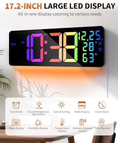 17.2" Large Digital Wall Mount Clock, Big LED - Image 2