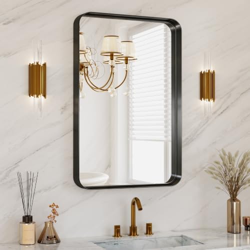 Bathroom Mirror for Wall, 30x20 Inch Rectangle Mirror, Matte Black Metal Framed by MYSUNORIA