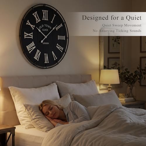 EMAX HOME Inch Large Black Wall Clock, Rustic Distressed Wooden Dial - Image 5