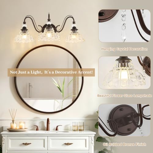 Vintage Bathroom Vanity Light, 3-Light Oil Rubbed Bronze Finish Wall Sconce - Image 4
