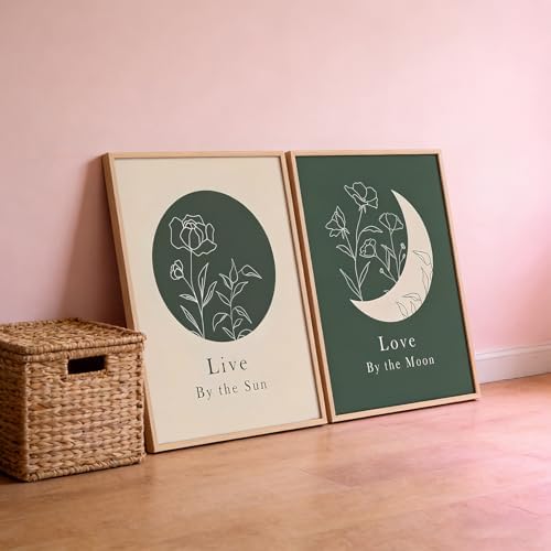 KBCXOY Sage Green Boho Sun and Moon Wall Art Bedroom Moon Phase Prints - Image 4
