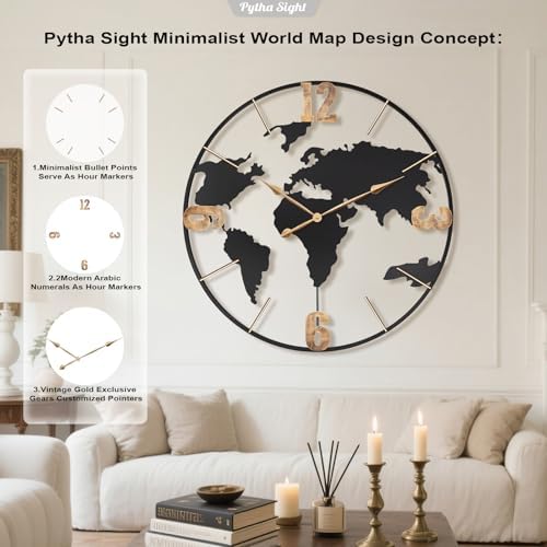 Pytha Sight 36 Inch Large Extra Metal Oversized Arabic World Map Wall Clock - Image 3