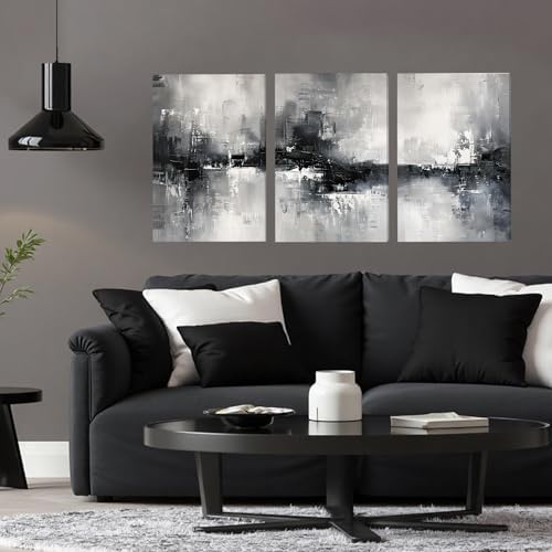 AVECCO Triptych Abstract Black White Gray Wrapped Canvas Wall Art 16x24 In - Image 2