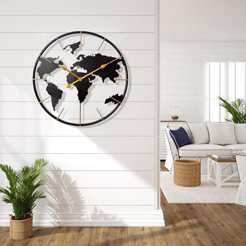 Large World Map Wall Clock, Metal Minimalist Modern Clock, Round Non-Ticking - Image 6