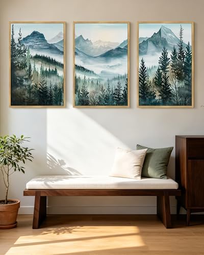 KUVIOKE Landscape Mountain Range Wall Art Set 24x 36in Watercolor Foggy Pine - Image 6