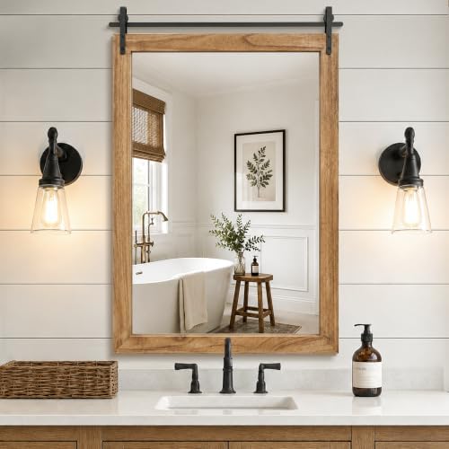 Farmhouse Bathroom Vanity Mirror, 40”x 26” Wood Barn Door Mirror, Light Brown by LawadaMirror