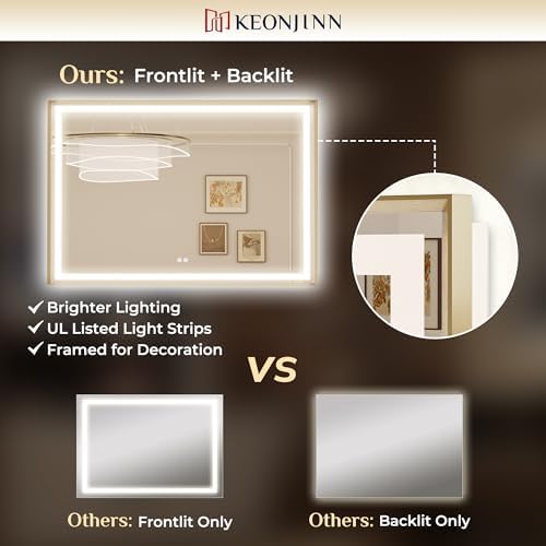 Keonjinn 48x36 Inch Gold LED Bathroom Mirror - Image 3
