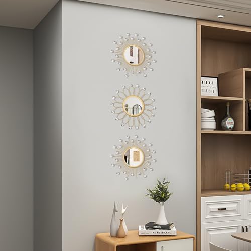 3 Pack Metal Mirrors for Wall Sunburst Wall Mirror Gold Crystal Wall Art - Image 6
