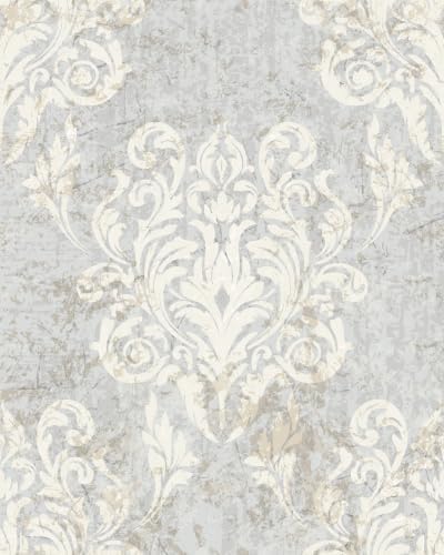 17.3"x118" Antique Grey Damask Peel & Stick Wallpaper, Distressed Textured by Unknown