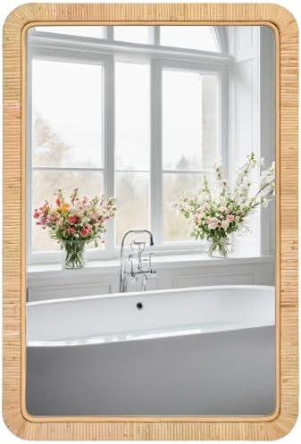 FUIN 24"x36" Rattan Wall Mirror, Natural Wicker Rectangle Bathroom Vanity Mirror by FUIN