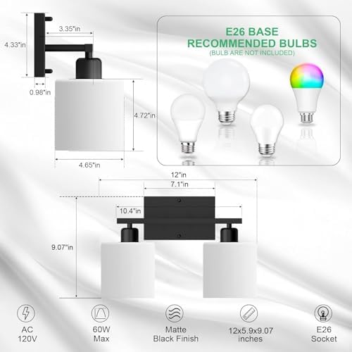 Black Bathroom Light Fixtures Over Mirror, 2-Light Vanity Lights - Image 3