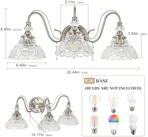 Brushed Nickel Bathroom Vanity Light, 3-Light Nickel Finish Wall Sconce - Image 6