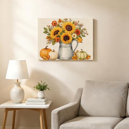 Thanksgiving Fall Wall Art For Living Room Yellow Sunflower Pumpkins Leaf Linen - Image 2