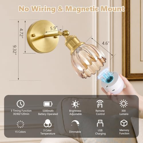 Vintage Battery Operated Wall Sconce, Amber Tulip Glass Lampshade Wireless - Image 4