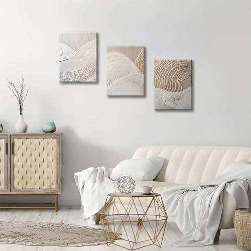 Neutral Abstract Wall Art Set of 3, Minimalist Textured Canvas Decor - Image 3