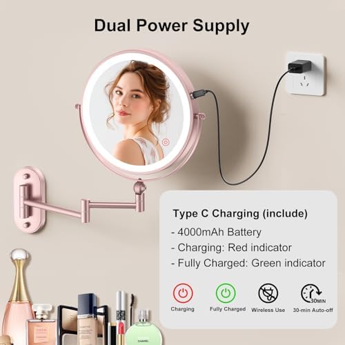 9" Wall Mounted Lighted Makeup Mirror, 4000mAh Rechargeable Double Sided 1X/20X - Image 6