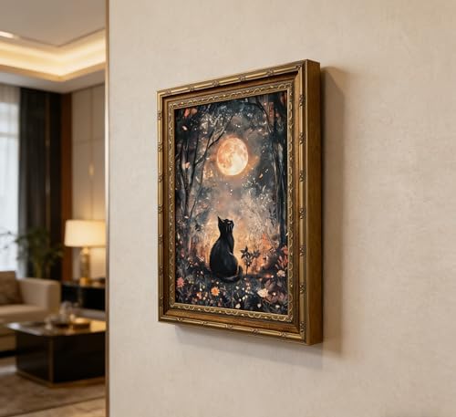 Vintage Gold Framed Black Cat Canvas Wall Art Dark Academia Gothic Full Moon - Image 3
