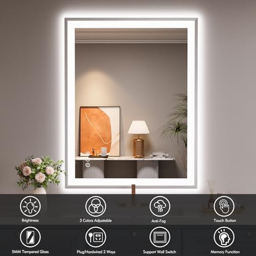 28x36 Inch LED Mirror for Bathroom, Brushed Nickel Frame - Image 2