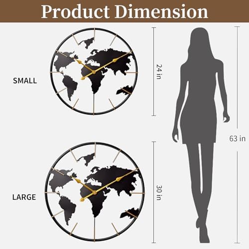 Large World Map Wall Clock, Metal Minimalist Modern Clock, Round Non-Ticking - Image 2