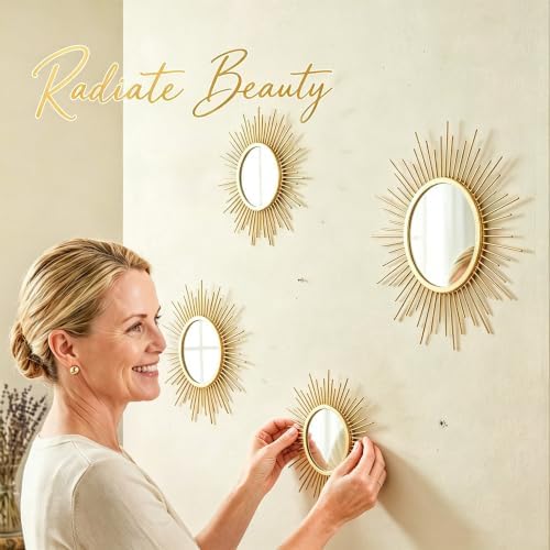 4 Pieces Gold Sunburst Wall Mirror Set Modern Metal Circles - Image 4