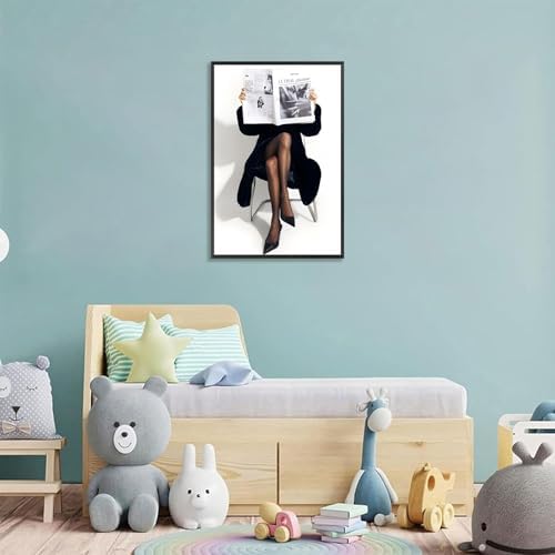 Woman Reading Newspaper Poster Black And White Photography Canvas Wall Art - Image 3