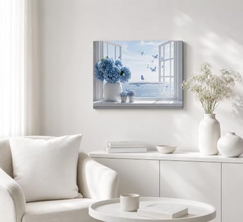 Birnsen Coastal Bathroom Canvas Wall Art Blue Hydrangea Floral Vase Butterfly - Image 2