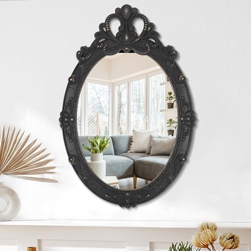 Vintage Black Hanging Mirror, Oval Carved Wood Frame Wall Mounted Mirrors by Lzuso