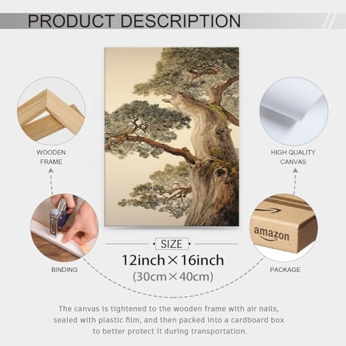 Vintage Japanese Pine Tree Framed Wall Art Oriental Asian Tree Canvas Posters - Image 2