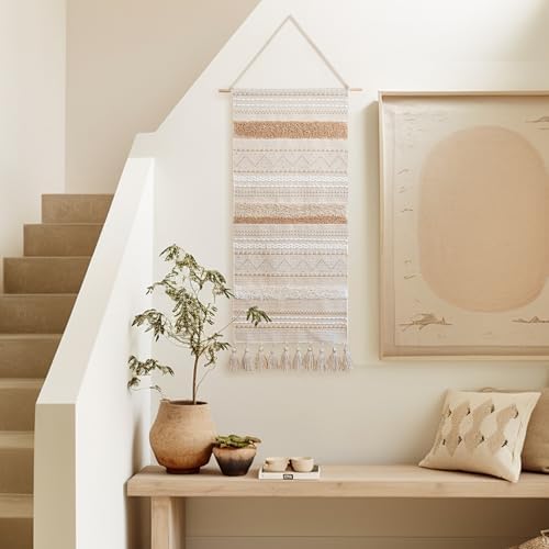 BlissBlush Long Vertical Wall Hanging Tapestry Woven Boho Farmhouse Decor Cream - Image 3