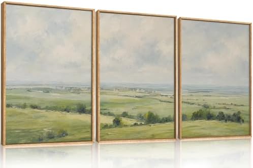 HOURIA Vintage Green Countryside Field Framed Canvas Wall Art Set, Rolling by HOURIA