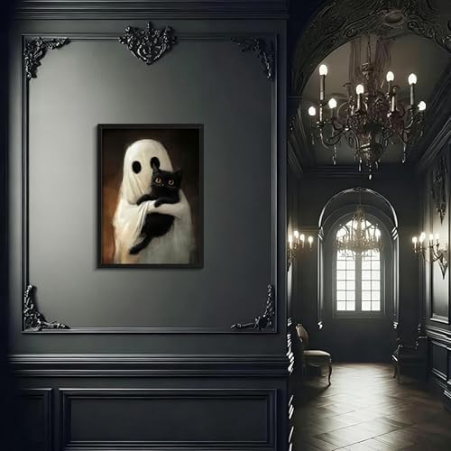 Framed Vintage Halloween Ghost Wall Art, Cute Ghost Hugging Black Cat Canvas - Image 4