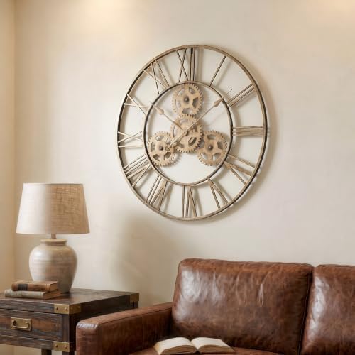 Cuspin 24 Inch Wall Clock with Gears, Industrial Metal Clock, Antique Gold - Image 2
